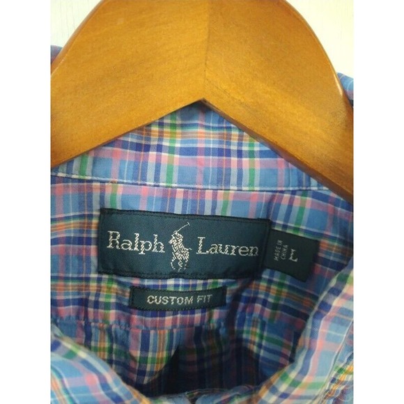 Ralph Lauren Mens L Shirt Plaid Multicolor Long Sleeve Pink Logo Custom Fit - Picture 3 of 5